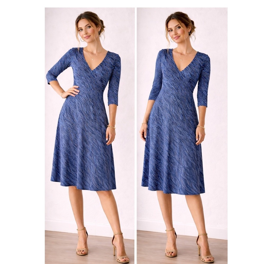 Toad &Co Horny Toad Rosalinda Dress M Blue Leaf Print‎ Organic Cotton 3/4 Sleeve